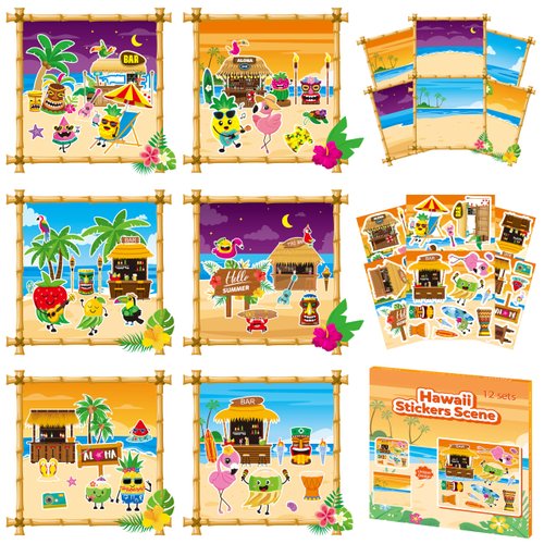 CY2SIDE Hawaii Stickers Scene Set - Make Your Own Hawaii Beach Scene Stickers Art Craft DIY Tropical Hawaii Sticker Scene Craft Kit for Kid Mix Match Flamingo Stickers for Kid Luau Party Game Supplies