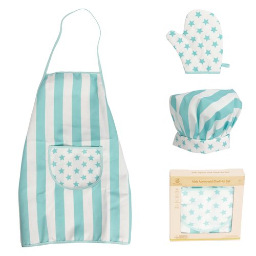 WoodenEdu Kid Apron and Chef Hat Set, 3 Pcs Children Cooking Baking Set Kits Role Play Chef Toy Kid Cooking Gift for Girls Boys (Blue)
