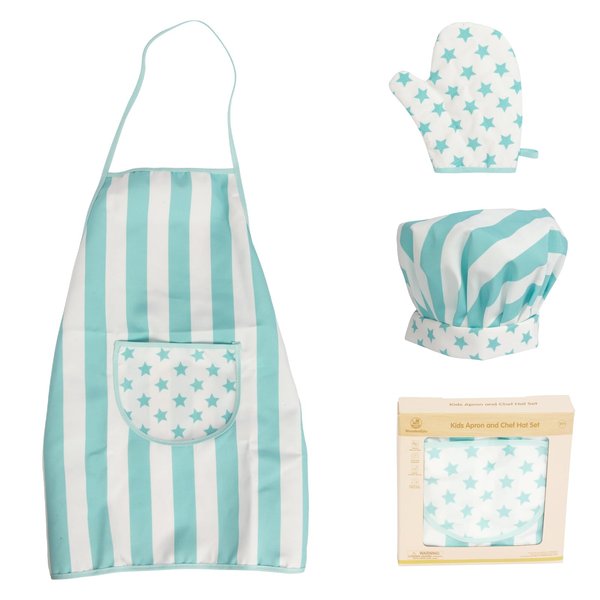 WoodenEdu Kid Apron and Chef Hat Set, 3 Pcs Children Cooking Baking Set Kits Role Play Chef Toy Kid Cooking Gift for Girls Boys (Blue)