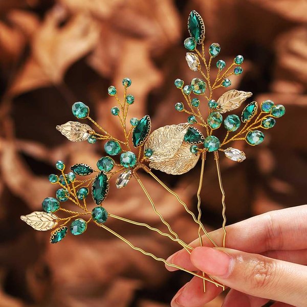 Latious Emerald Green Bride Wedding Rhinestones Hair Pins Gold Leaf Bridal Hair Pieces Crystal Hair Accessories for Women and Girls (Pack of 3) (Gold)