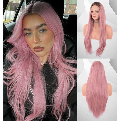 vedar Synthetic Hair Pink Lace Front Wigs Halloween Wigs Dark Roots Ombre Pink Hair Wig 24 inches Silky Straight Hair Synthetic Hair Wigs VEDAR-041