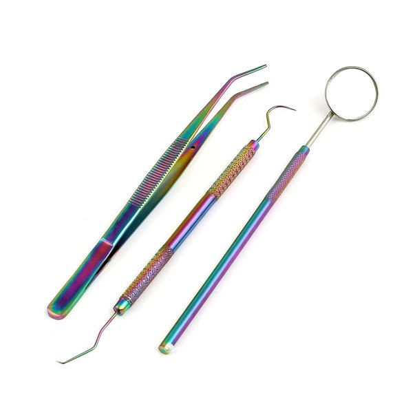 LAJA IMPORTS Dental Hygiene Set - 3pcs Basic Dental Instruments Stainless Steel Dental Rainbow Tooth Pick, Mouth Mirror,Cotton Plier - Dentists Tools Set is Ideal for Personal Use & Pet Friendly