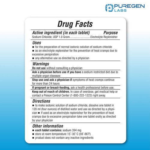 Puregen Labs Sodium Chloride Tablets 1 gm (1000 mg), USP | (15.4gr.) | 100 Count | Normal Salt Tablets | Made in USA | Electrolytes Replenisher Hydration Drink