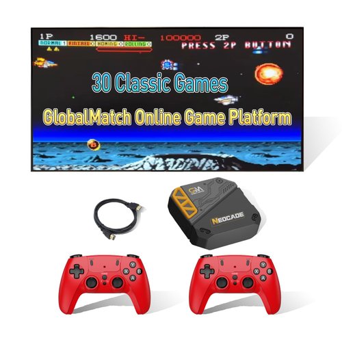 NEOCADE Retro Gaming Console ，30+ Classic Licensed Games，Android System ，GlobalMatch Online Gaming Platform ，Dual 2.4G Wireless Controllers ，Plug & Play TV Game Stick