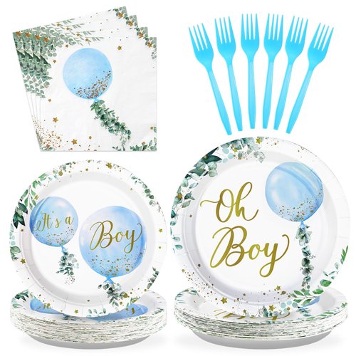 96 PCS Oh Boy Watercolor Blue Balloon Party Supplies Oh Boy Party Plates 350GSM Disposable Greenery Boy Baby Shower Tableware for Birthday Baby Shower Oh Boy Baby Shower Decorations, Serves 24