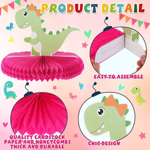 9 Pcs Girl Dinosaur Birthday Party Supplies Pink Dinosaur Honeycomb Centerpiece Table Decorations Happy Dino Volcano Theme Party Table Toppers for Kids Baby Shower Decor