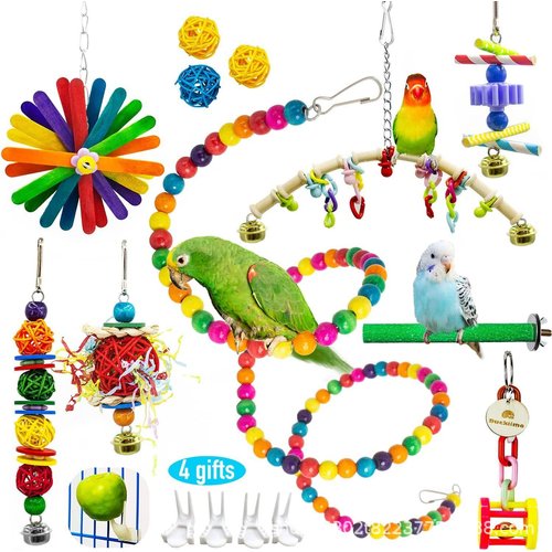 15 Pcs Bird Toys, Parrot Toys Bird Chewing Foraging Toys Bird Rope Perch Foldable Bird Swing Stand Perch Hanging Chew Stick Rattan Balls Bird Cage Accessories for Parakeet Conure Budgies Lovebird