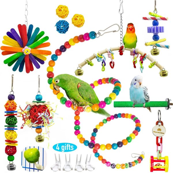 15 Pcs Bird Toys, Parrot Toys Bird Chewing Foraging Toys Bird Rope Perch Foldable Bird Swing Stand Perch Hanging Chew Stick Rattan Balls Bird Cage Accessories for Parakeet Conure Budgies Lovebird