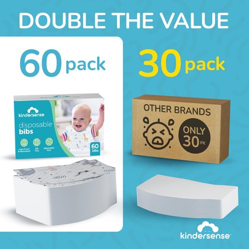 KinderSense® Disposable Baby Bibs for Feeding and Drooling (60 Count) – Travel Bibs for Baby Toddler & Child Boys & Girls | Absorbent and Leakproof –Disposable Bibs Baby