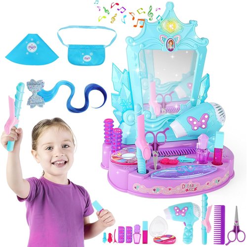 deAO Pretend Play Girls Vanity Set, Portable Makeup Kits with Lights and Sounds, Kids Beauty Salon Set with Real Mirror, Birthday for Girls 3 Year Old Toddler