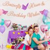 Ushinemi Glitter Butterfly Birthday Decorations Rose Gold Butterfly Kisses and Birthday Wishes Banner for Girl, Butterfly Themed Birthday Party Supplies
