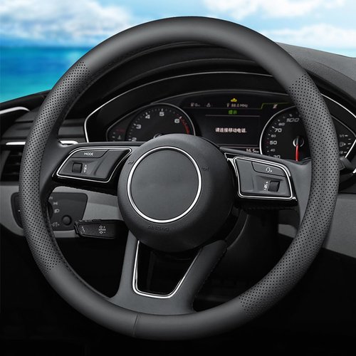 XHRING Car Steering Wheel Cover for Ford Fusion Mustang Bronco/Bronco Sport Ranger Maverick Edge Explorer Escape Focus Ecosport Transit Connect Fiesta Taurus Flex Accessories, Black Leather 14 1/2-15"