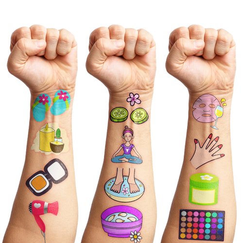 Spa Temporary Tattoos Birthday Themed Party Decorations Supplies Favors Cute Stickers Tattoo 8 Sheets 96 PCS Gifts for Girls Kids Boys Decor Class School Reward Carnival Christmas