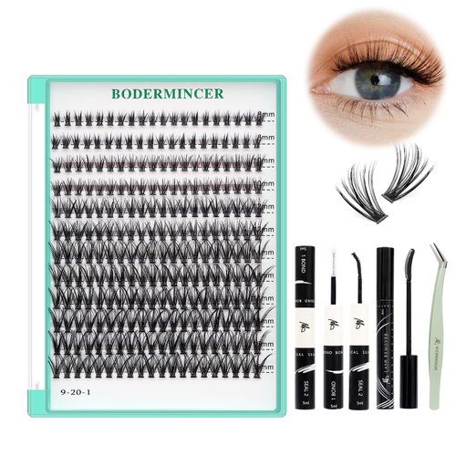 BODERMINCER Lash Clusters Kit 10-12-14-16mm Mixed Natural D Curl Fairy Lashes Pre-glue Lash Extension Kit Bond and Seal Kit For Self Use DIY at Home (Lash Kit 20D 8-10-12-14-16mm MIX)