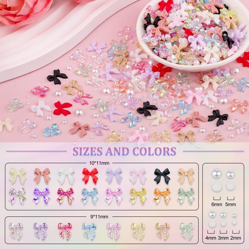 3D Nail Bow Charms and Nail Pearls Set 1, 16 Colors Multi Styles Cute Shiny Bow Nail Jewelry Charms and 2-6mm White Half Pearls with Pickup Tools for Nail Art Design and DIY Decorations