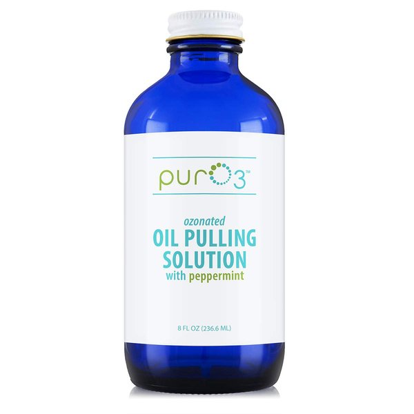 PurO3 Ozonated Oil Pulling Solution - Organic, Ozonated Coconut Oil Pulling for Teeth and Gums - Ozone Infused Oil Pulling Solution - Non-Toxic Teeth & Gum Pulling Oil with Peppermint, 8 oz