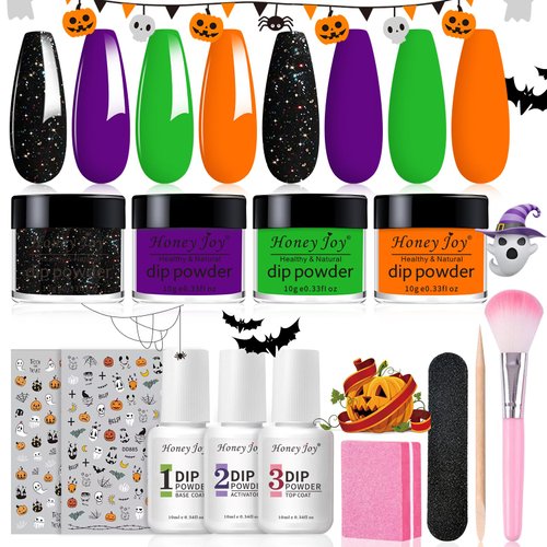 Honey Joy Dip Powder Nail Kit Starter, 4 Colors Halloween Witch Black Pumpkin Orange Mystic Purpl...