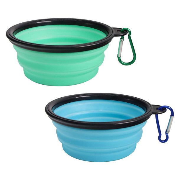 SLSON Collapsible Pet Bowl Dog Bowls 2 Pack, Portable Silicone Pet Feeder, Foldable Expandable for Dog/Cat Food Water Feeding, Travel Bowl for Camping (Light Blue+Light Green)