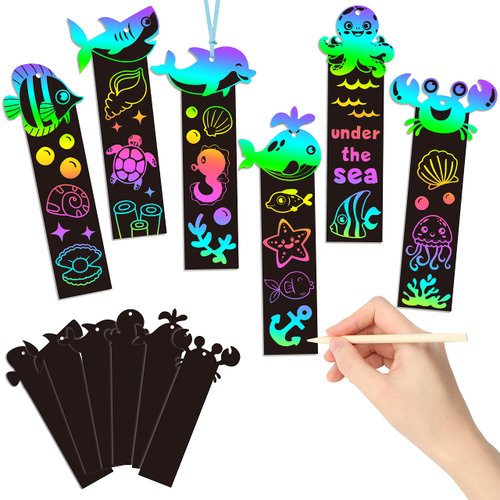 BeYumi 60Pcs Sea World Animals Scratch Bookmarks for Kids DIY Under The Sea Magic Art Rainbow Color Paper Craft Kit Summer Party Favors Birthday Gifts School Classroom Activity Art Project Supplies