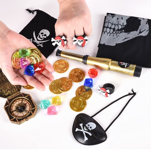 Juephe Kids Pirate Pretend Toys Set,Pirate Treasure Party Favors Set Pirate Skull Ring & Accessories Set Birthday Supplies Decorations