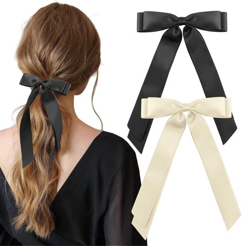 Yetuab Silky Satin Bow Double Ribbon Hair Clips, 2 Count, Hair Accessory for Women and Girls, Hair Bows for Holiday, Wedding, Party, Everyday Hair Style Decoration, Beige/Black