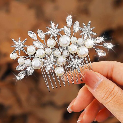 Kisshine Pearl Bride Wedding Hair Comb Silver Stars Headpiece Rhinestone Bridal Hair Accessories for Women and Girls