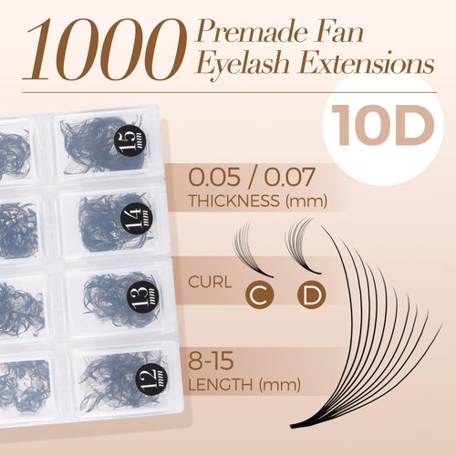 LASHVIEW 1000 Fans Pre Made Fans Lash Extensions, 3D 5D 10D Premade Fans Eyelash Extensions 8-15 mm Mixed Length Promades Eyelash Fans Professional Pre Made Lash Fans (10D-0.07-D 8-15mm)