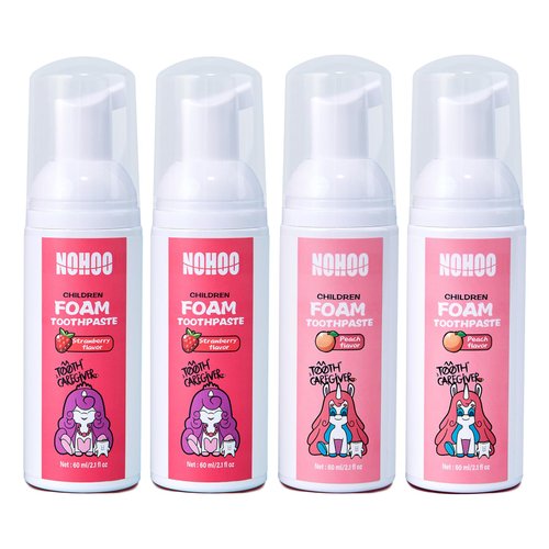 NOHOO Kids Foam Toothpaste with Fruit Flavor,Fluoride Free Natural Formul, Foam Toothpaste for Electric Toothbrush,Suitable for Toddler's Oral Cleaning and Cavity Prevention (2Strawberry+2Peach)
