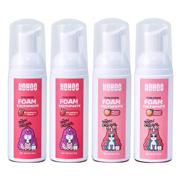 NOHOO Kids Foam Toothpaste with Fruit Flavor,Fluoride Free Natural Formul, Foam Toothpaste for Electric Toothbrush,Suitable for Toddler's Oral Cleaning and Cavity Prevention (2Strawberry+2Peach)
