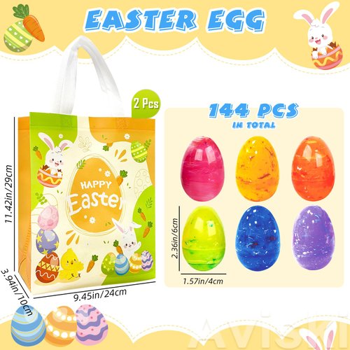 144Pcs 2.36'' Tall Iridescent Marble-like Plastic Easter Eggs for Kids Egg Hunt Basket Bag Empty Stuffers Fillers with 2pcs Cute Non Woven Bags, Toys Filling Treats & Easter Theme Party Supplies Favor