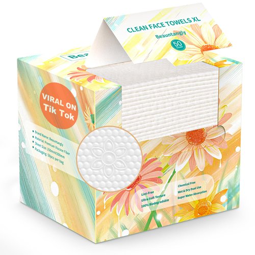Beauntangly Disposable Face Towel, XL Facial Towelettes Soft Thick Absorbent, Lint-Free Biodegradable Makeup Remover Dry Wipes for Skin Care Washing Drying Nursing Camping Travel Essentials, 50 Ct
