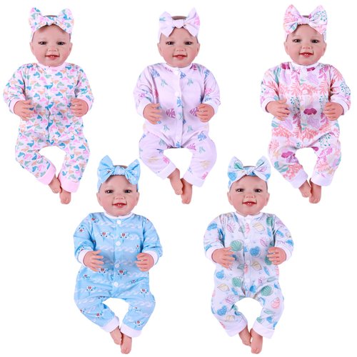 BABESIDE 5 Sets of Reborn Baby Doll Clothes with Doll Headband for 17-22 Inch Dolls, Newborn Baby Doll Clothes and Accessories Set with Various Cute Patterns for Real Life Baby Dolls