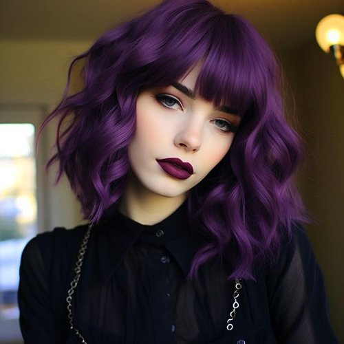 Amyqueen Dark Purple Short Bob Wigs with Bangs for Women Loose Wavy Wig Curly Wavy Shoulder Length Bob Synthetic Cosplay Wig for Girl Colorful Costume Wigs (Dark Purple)