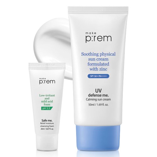 MAKEPREM UVA UVB Defense Me Calming Sun Cream VEGAN Sunblock SPF 50+ PA++++ 1.69 Fl Oz Reef-Safe Non-Nano Mineral Sunscreen Broad UV Protection Blue Ray Dry Sensitive Acne-Prone Oily Skin No Chemical