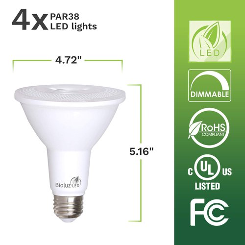 Bioluz LED 4 Pack PAR38 LED Bulb 90 CRI 12W = 100-120 Watt Replacement Daylight 5000K Indoor/Outdoor Dimmable UL Listed Title 20 High Efficacy Lighting