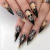 Goth Press on Nails Halloween Almond Fake Nails Horror Skull Black Rose False Nails with Rhinestone Glossy Acrylic Nails Full Cover Stick on Nails Jelly Press on Nails for Women Cosplay Nails 24Pcs
