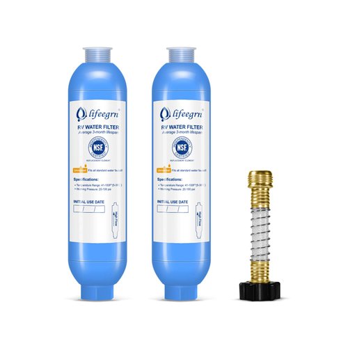 lifeegrn RV Water Filter with Hose Protector, Inline Water Filter, Reduces Bad Taste, Odors, Chlorine and Sediment in Drinking Water, Blue(2 Packs)