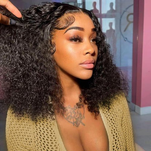 FCUFCU Deep Wave Bob Wig Human Hair 13x4 Hd Lace Front Wigs Human Hair Wear and Go Glueless Wigs Human Hair Pre Plucked Pre Cut Short Curly Bob Wigs For Women 180% Density 12 inch