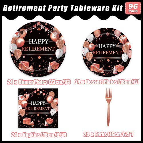 Kepeel 96 Pcs Retirement Party Plates and Napkins Set, Rose Gold Happy Retirement Party Supplies Decorations for Women Going Away Party Disposable Dinnerware Set, Serves 24