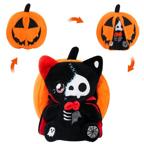 yohica Christmas Halloween Pumpkin Plush Toy,8" Reversible Halloween Vampire Bear Cat Stuffed Animals with Vampire Cloak,Pumpkin Plushies Gift for Kids Christmas Party Decoration