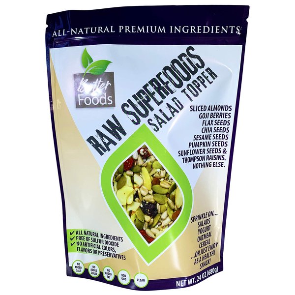 BetterFoods Raw Superfoods Salad Topper | Vegan, Gluten-Free, Nutrient-Dense, Non-GMO | Pumpkin, Sunflower, Chia, Flax, Sesame Seeds, Almonds, Thompson Raisins & Goji Berries, 24oz