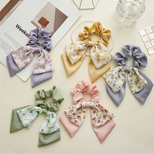 5PCS Short Hair Scarf with Ribbon Hair Bow Scrunchies Elegant Bow Hair Ties Floral Hair Scrunchies Chiffon Bowknot Hair Scrunchies for Women