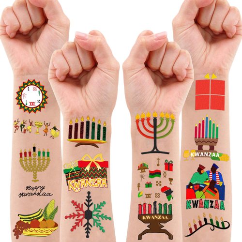 Kwanzaa Temporary Tattoos African American Birthday Party Decorations Favors Supplies Hanukkah Themed Cute Stickers 10 Sheets 100 PCS Gifts for Baby Girls Boys Class School Carnival