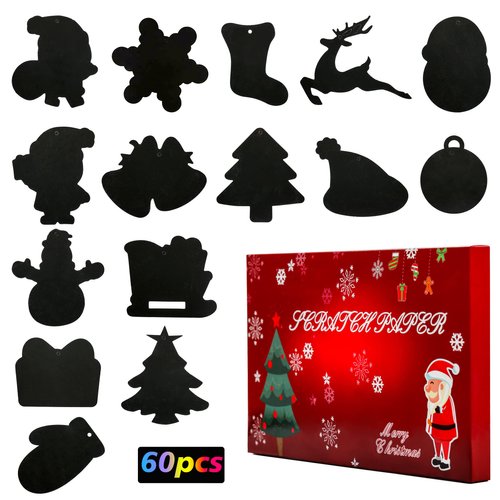 Christmas Scratch Art Paper,60 Pcs Crafts Kits Magic Rainbow Scratch Cards for Xmas Tree Ornaments and Kids Birthday Decoration,with 15 Pcs Drawing Sticks & 60 Pcs Cords
