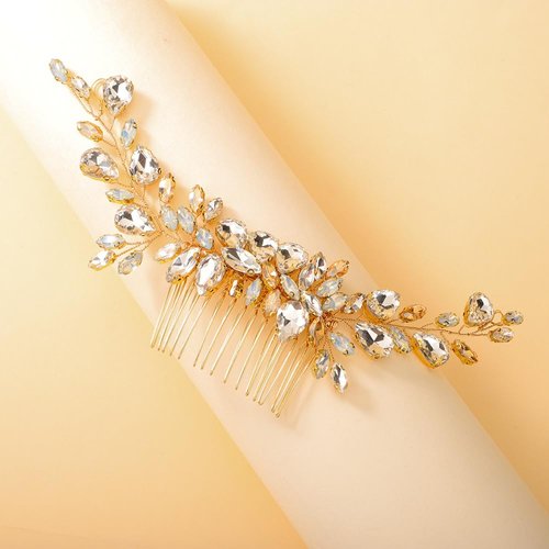 Teyglen Bridal Crystal Hair Comb Headband Gold Rhinestone Hair Comb Wedding Champagne Teardrop Crystal Hair Pieces Hair Jewelry for Bride Women Girls