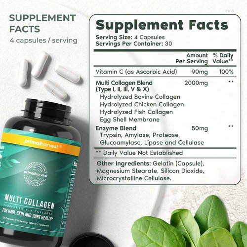 Primal Harvest 2 Pack, Multi Collagen Pills for Women and Men (Type I, II, III, V, X) Collagen Supplements for Women and Men, 120 Capsules w/Vitamin C for Hair, Skin, Nails Collagen Peptides Pills