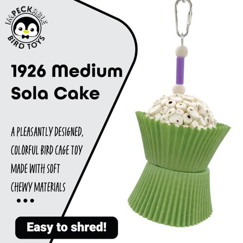 1926 Medium Sola Cake - Shreddable hanging bird cage toy, Natural sola wood ball, Food grade cup cake cups, Delightfully easy to shred, Great for small to med size birds Conure Caique Quaker Cockatiel