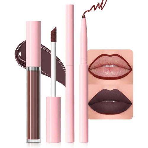 evpct Retractable 1Pcs Lip Liner Pencils and 1 Pcs Lip Gloss Makeup Set for Shaping & Sculpting Lips, Dark Red Long-Lasting Waterproof Longwear Matte Rich Lip Colors Liner Crayon Liquid Lipstick 02#