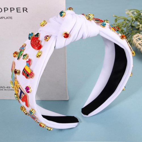 Mexican Headband for Women Cinco De Mayo Headband Beaded Fiesta Knotted Headband Embellished Rhinestone Crystal Wide Top Knot Headband Mexican Holiday Hair Accessory Party Favors Gifts (Fiesta 1)