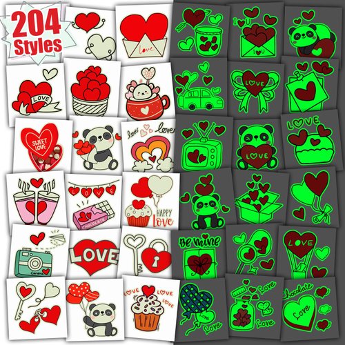 Partywind 204 Styles Luminous Valentine's Day Tattoos for Kids, Individually Wrapped Cut Tattoo Stickers for Valentines Party Supplies Favors, Classroom Prize Games, Heart Decorations